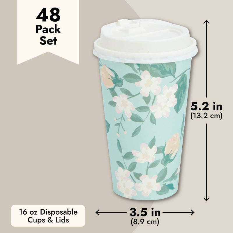 BLUE PANDA Paper Coffee Cups - 16 Oz, 48 Count, 4 Pastel Floral Colors - Disposable Cups with Lids for Hot & Cold Coffee & Tea to Go - Image 4